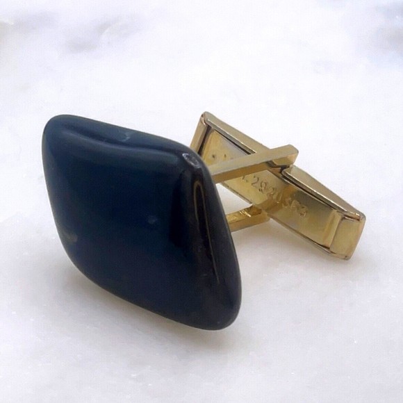 Unknown Gemstone Stone Accent Translucent Black Gold Mens Whale Back Cufflinks - Picture 6 of 8